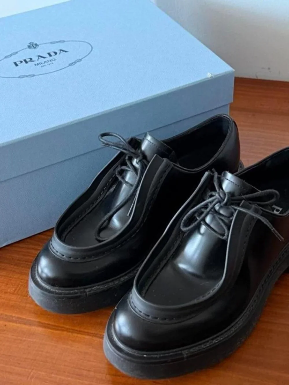 Prada Diapason Black Opaque Brushed Leather Lace-Up Shoes - Picture 1 of 6